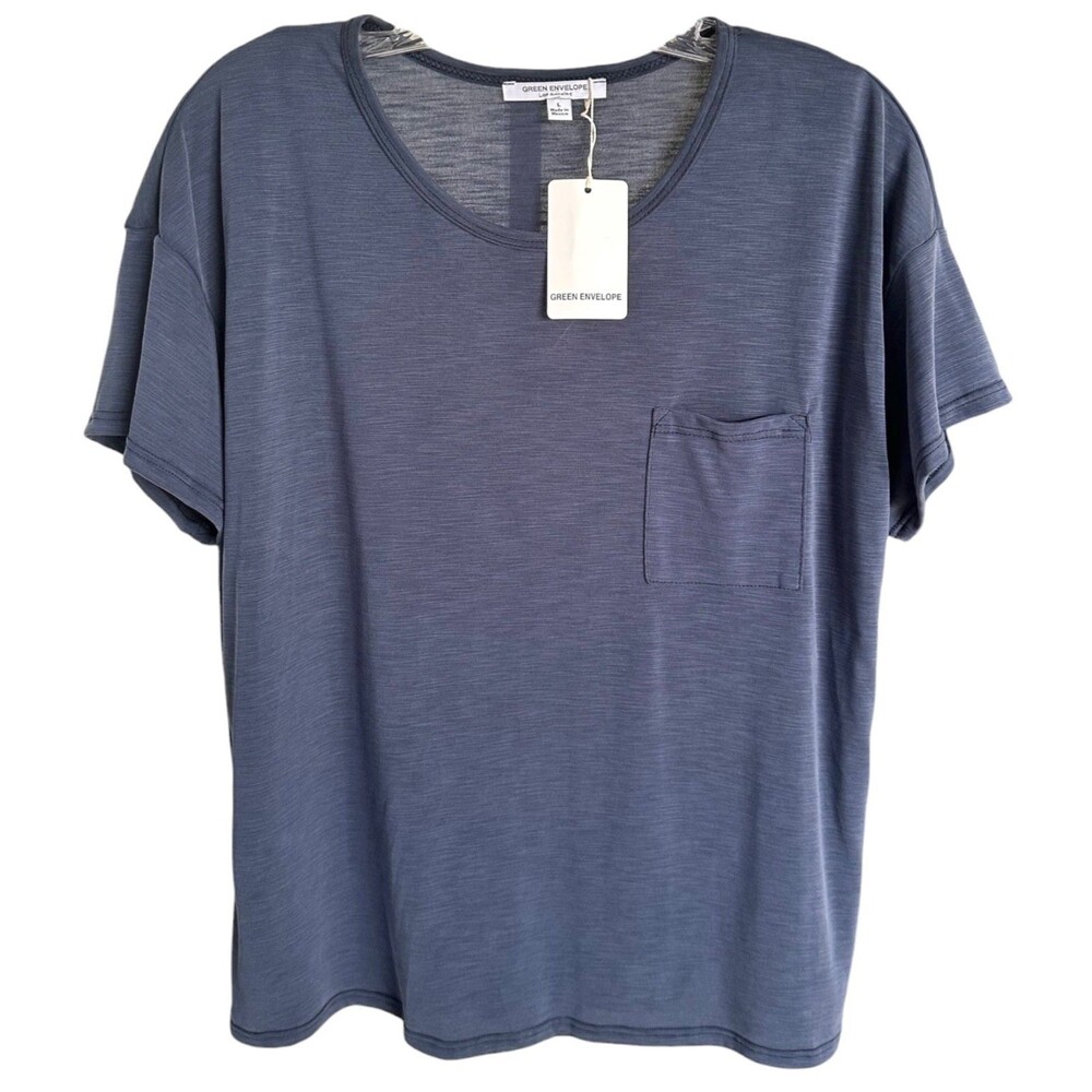 Green Envelope Women's Modal Blouse Top Short Sleeve Size L Navy
